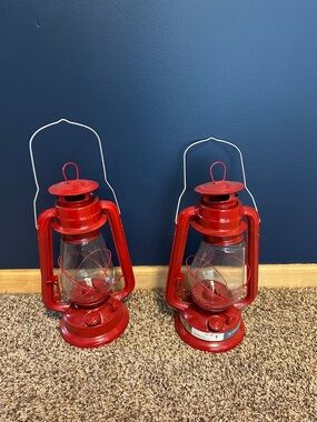 Pair of Red Metal Hurricane Lanterns - Classic Home Accent